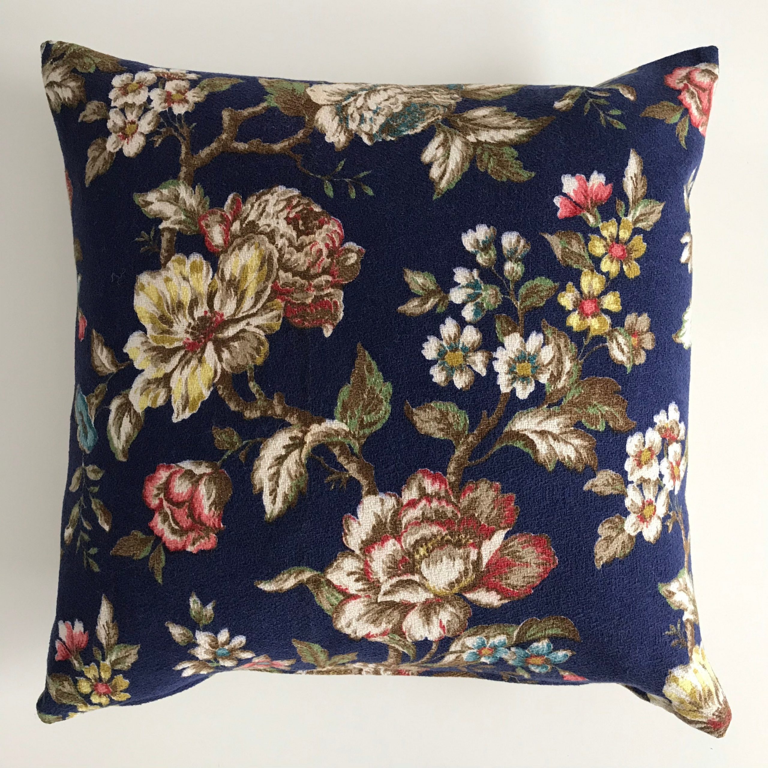 Vintage floral cushion ~ blue, brown, red and natural linen ~ feather inner