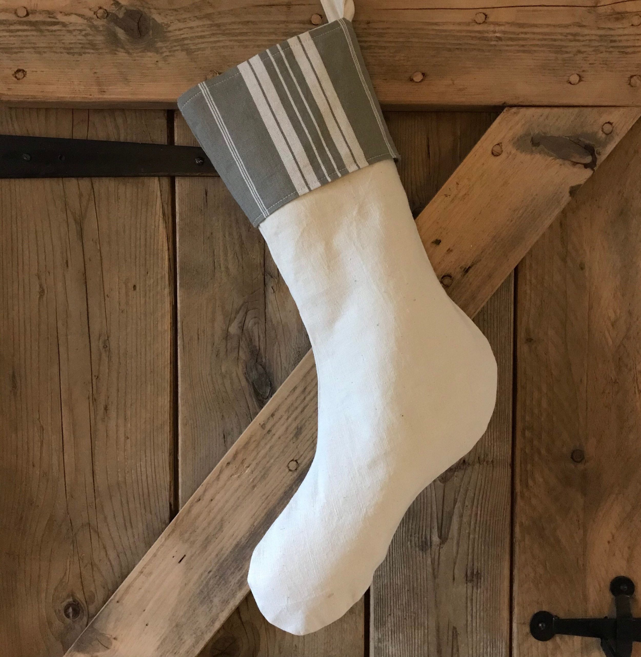 Christmas Stocking ~ French Linen Xmas Sock ~ Winter White and Ticking Stripe ~ Vintage Natural Rustic Tree Decor