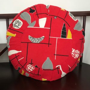 Vintage Mid Century Atomic Cushion, Round Red Barkcloth Pillow, 1950s fabric